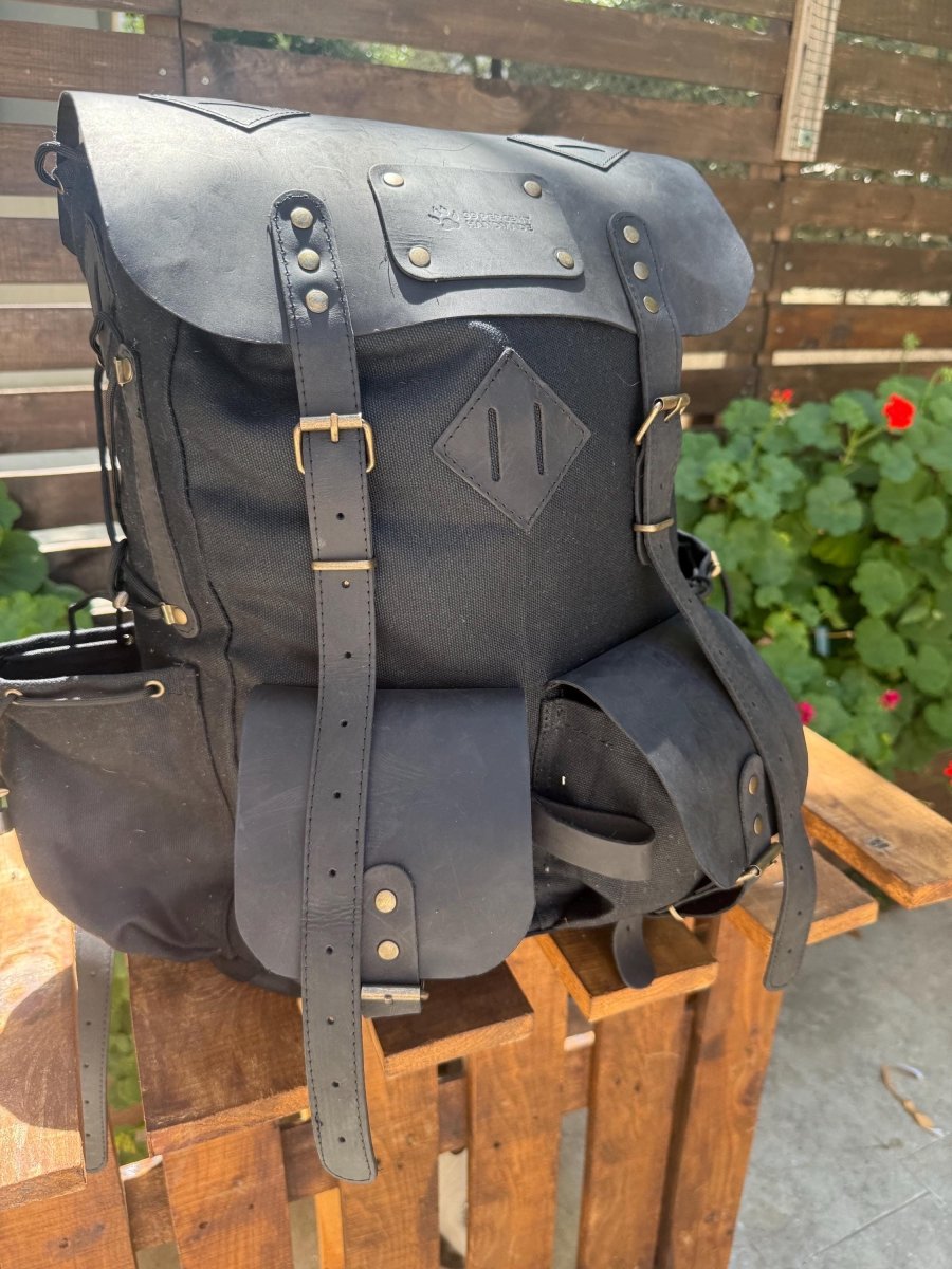 Limited | Travel Backpack | Camping Backpack | Green, Brown, Colours | Leather - Canvas Backpack for Travel, Camping, Bushcraft - 99percenthandmade - 99percenthandmade - Black - 30 Liters - 