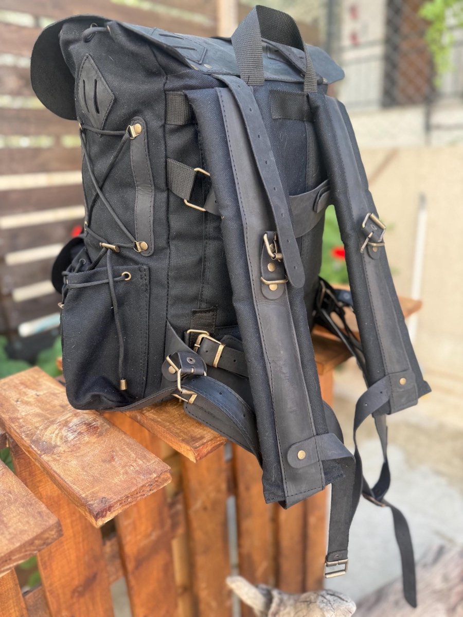 Limited | Travel Backpack | Camping Backpack | Green, Brown, Colours | Leather - Canvas Backpack for Travel, Camping, Bushcraft - 99percenthandmade - 99percenthandmade - Black - 30 Liters - 