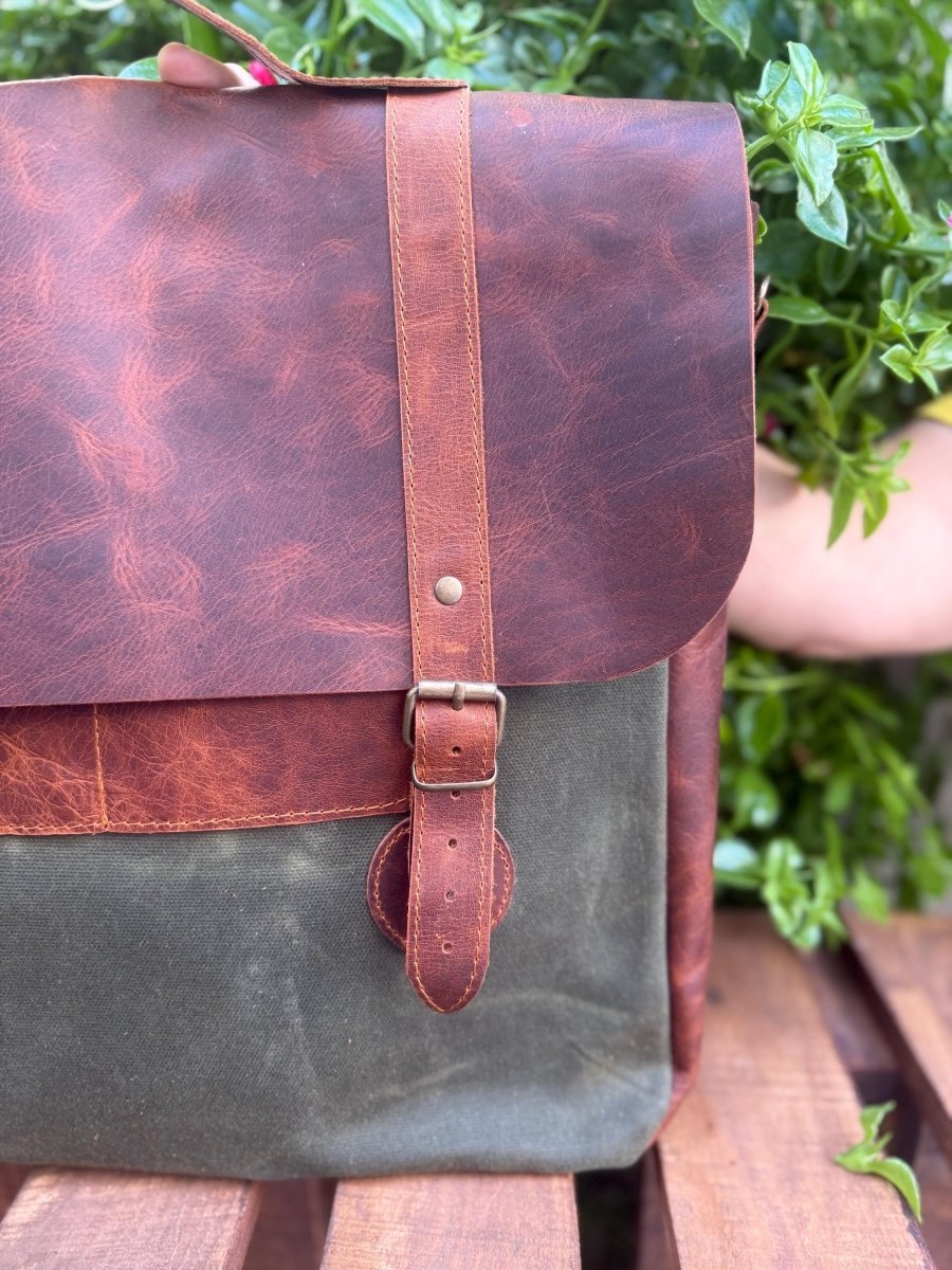 Handmade Leather and Waxed Canvas Laptop Bag – Vintage Messenger Briefcase with Shoulder Strap, Fits 15-16 Inch Computer 99percenthandmade