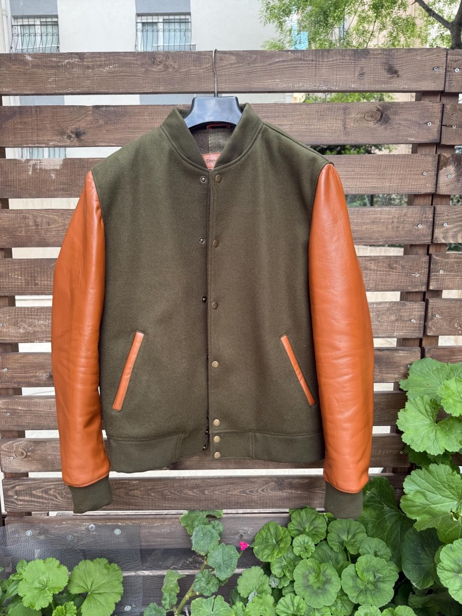 Handmade Varsity Wool - Leather Jacket, Olive Green - Tan Brown 99percenthandmade