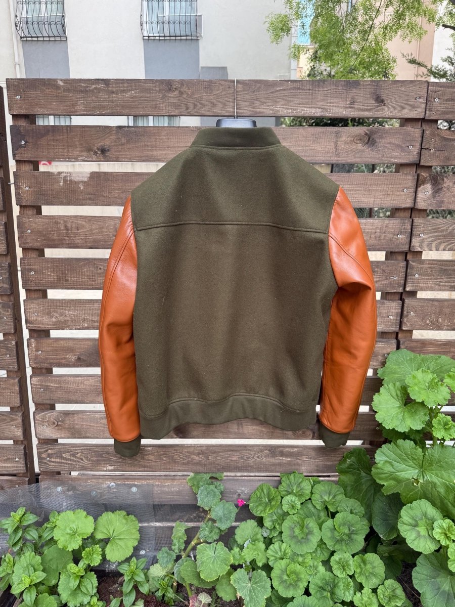 Handmade Varsity Wool - Leather Jacket, Olive Green - Tan Brown 99percenthandmade