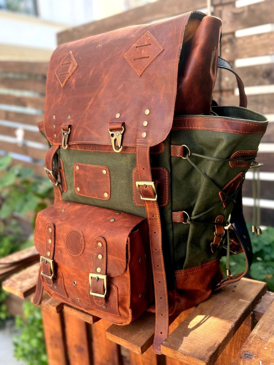 Leather Canvas Laptop Travel Backpack 45L, Handmade Carry On Business Outdoor Backpack 99percenthandmade