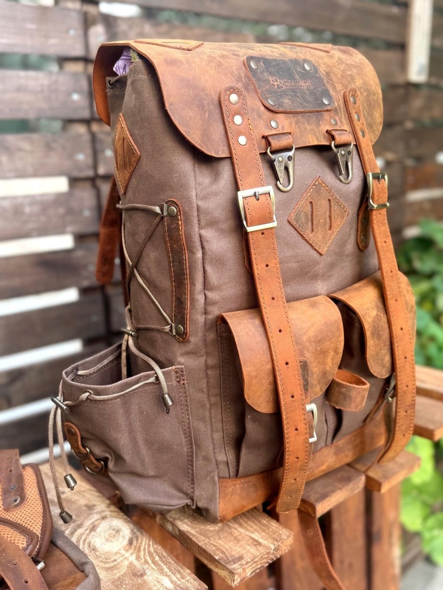 The Harmony of New and Old | 2026 Limited Edition | Handmade Leather - Canvas Backpack | Travel & Adventure Ready | 24 Hours Tested - 99percenthandmade - 99percenthandmade - 30 Liters - Green Canvas Flap - 