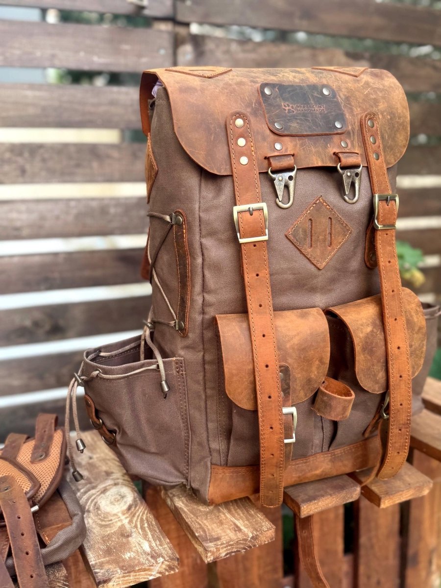 The Harmony of New and Old | 2026 Limited Edition | Handmade Leather - Canvas Backpack | Travel & Adventure Ready | 24 Hours Tested - 99percenthandmade - 99percenthandmade - 30 Liters - Green Canvas Flap - 