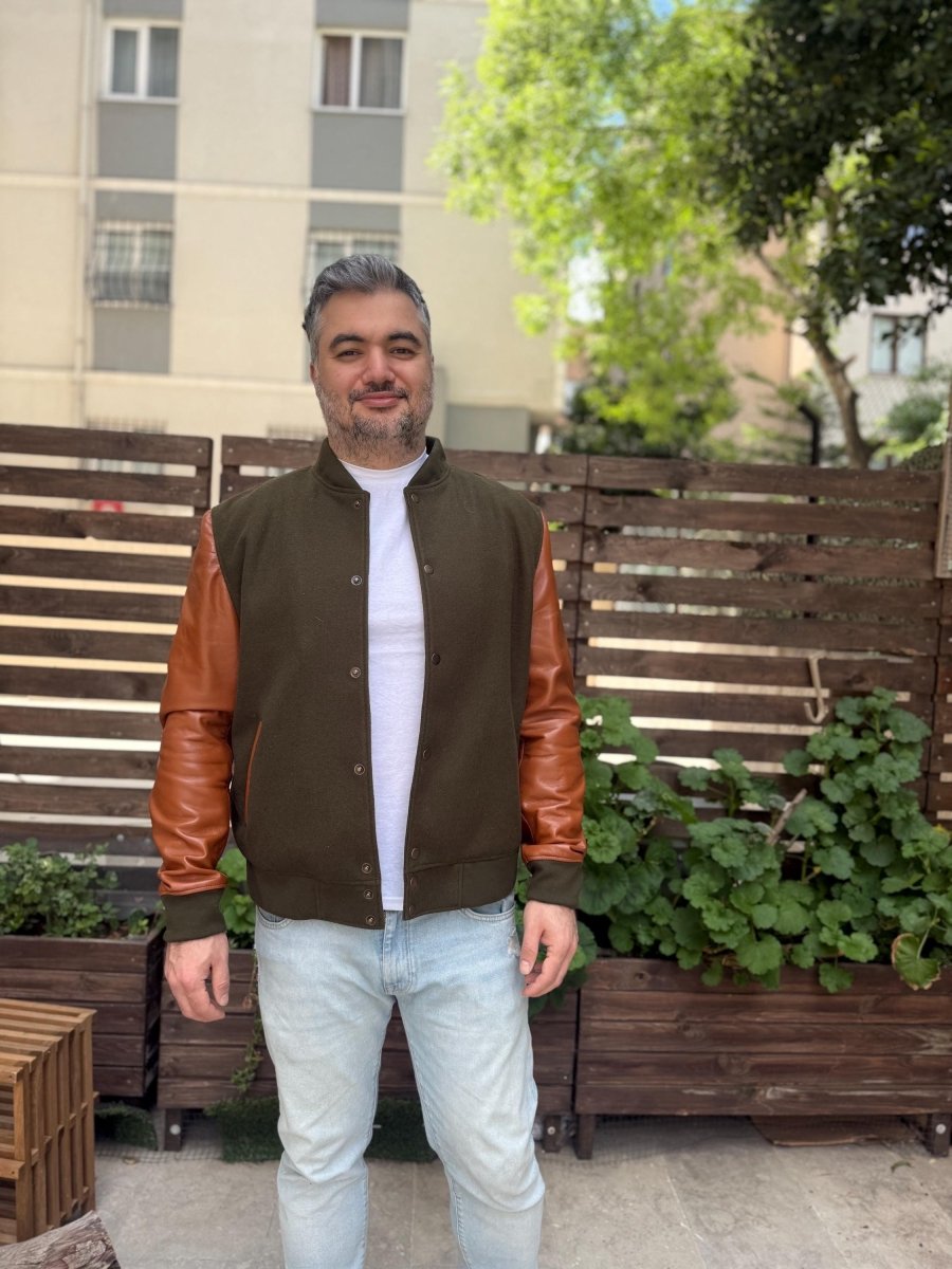 Handmade Varsity Wool - Leather Jacket, Olive Green - Tan Brown 99percenthandmade