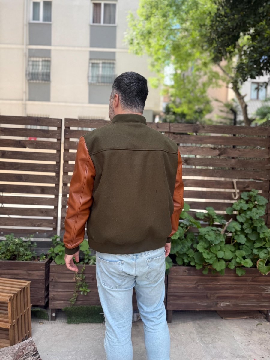 Handmade Varsity Wool - Leather Jacket, Olive Green - Tan Brown 99percenthandmade