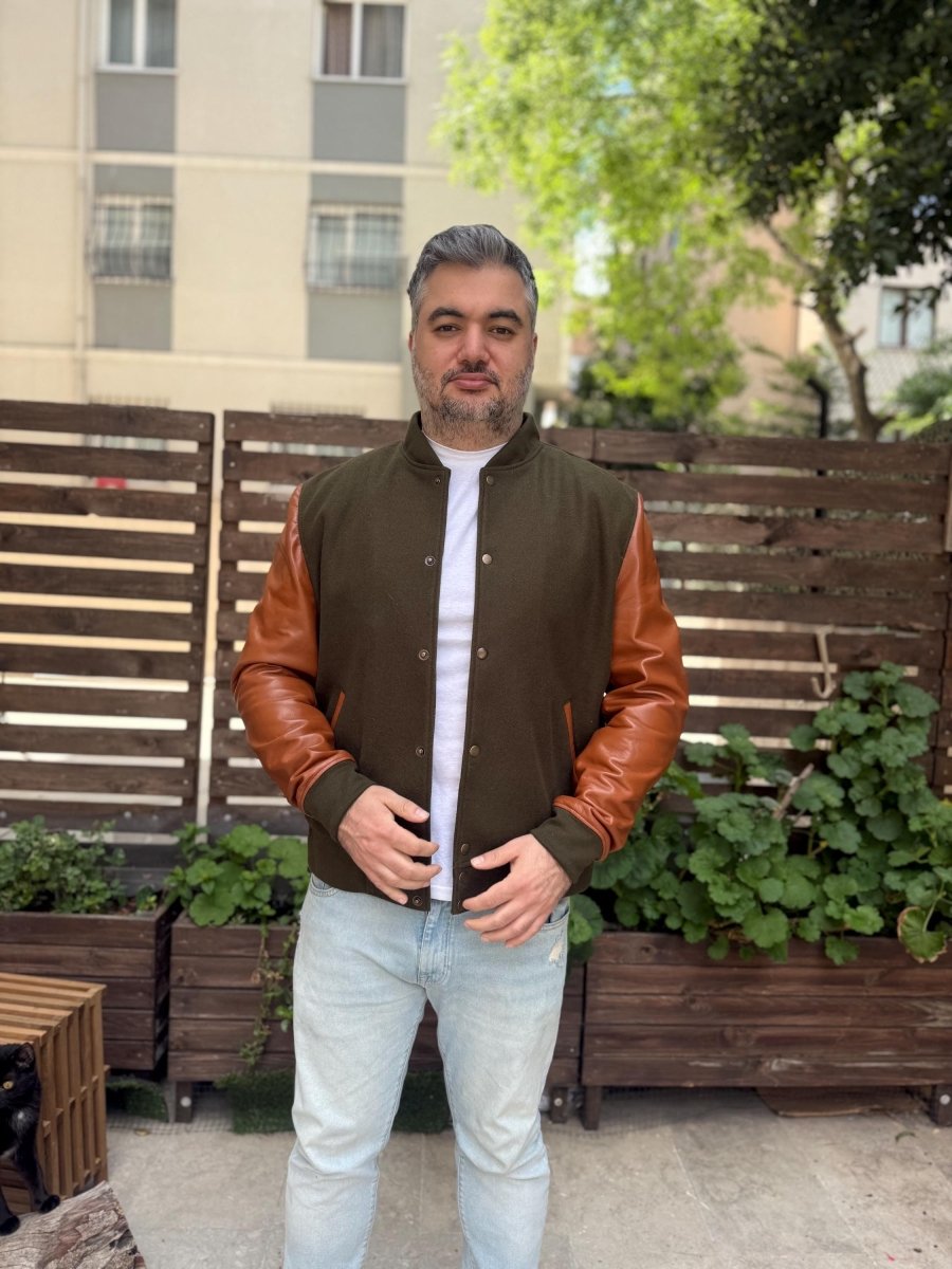 Handmade Varsity Wool - Leather Jacket, Olive Green - Tan Brown 99percenthandmade