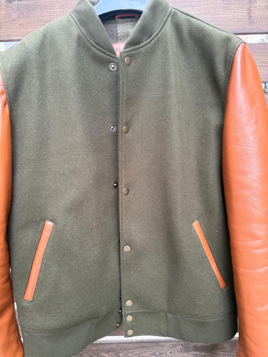 Handmade Varsity Wool - Leather Jacket, Olive Green - Tan Brown 99percenthandmade