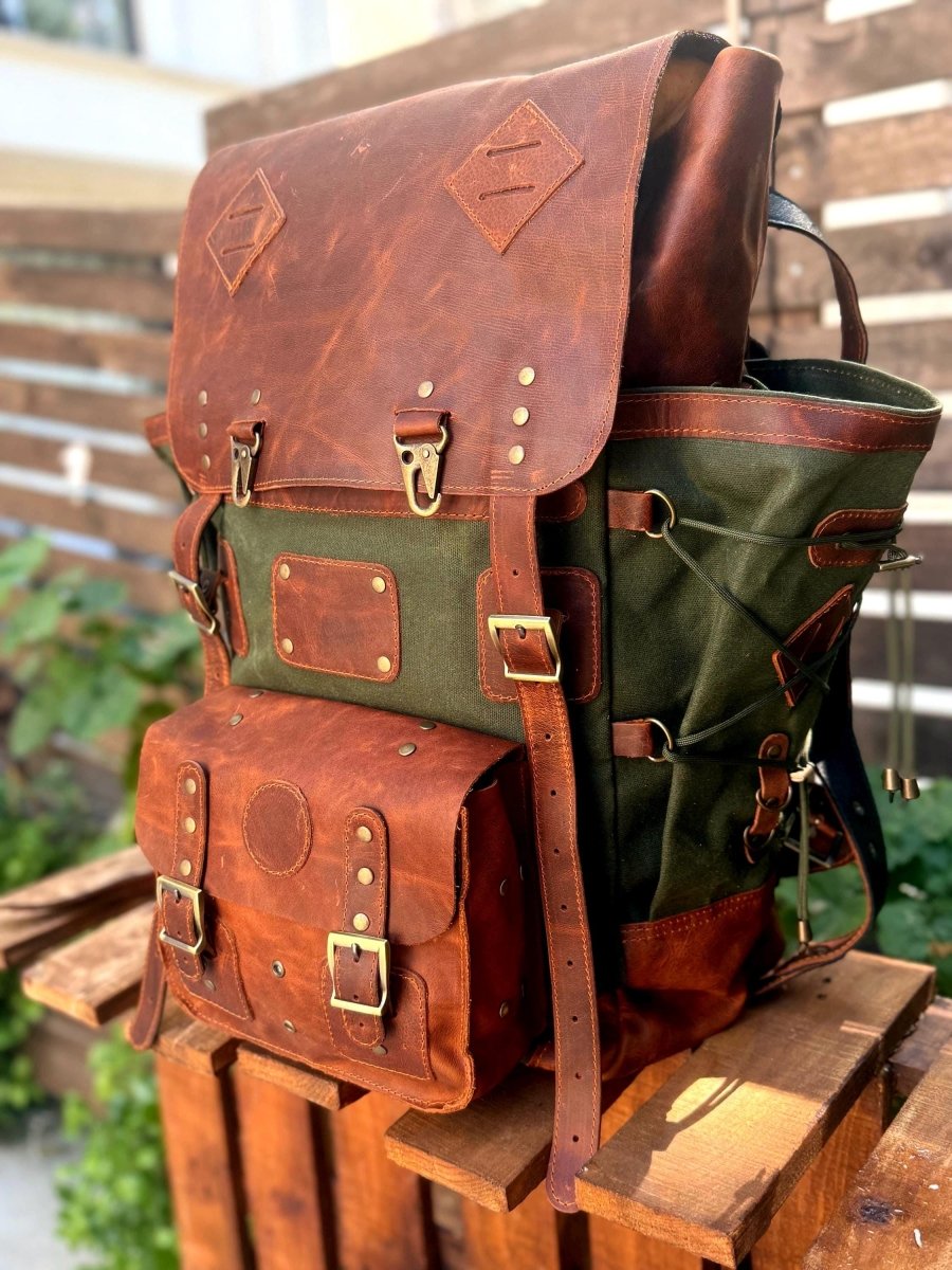 Leather Canvas Laptop Travel Backpack 45L, Handmade Carry On Business Outdoor Backpack 99percenthandmade