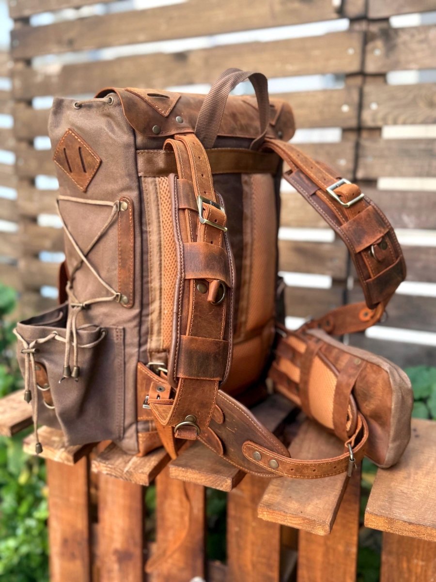 The Harmony of New and Old | 2026 Limited Edition | Handmade Leather - Canvas Backpack | Travel & Adventure Ready | 24 Hours Tested - 99percenthandmade - 99percenthandmade - 30 Liters - Green Canvas Flap - 