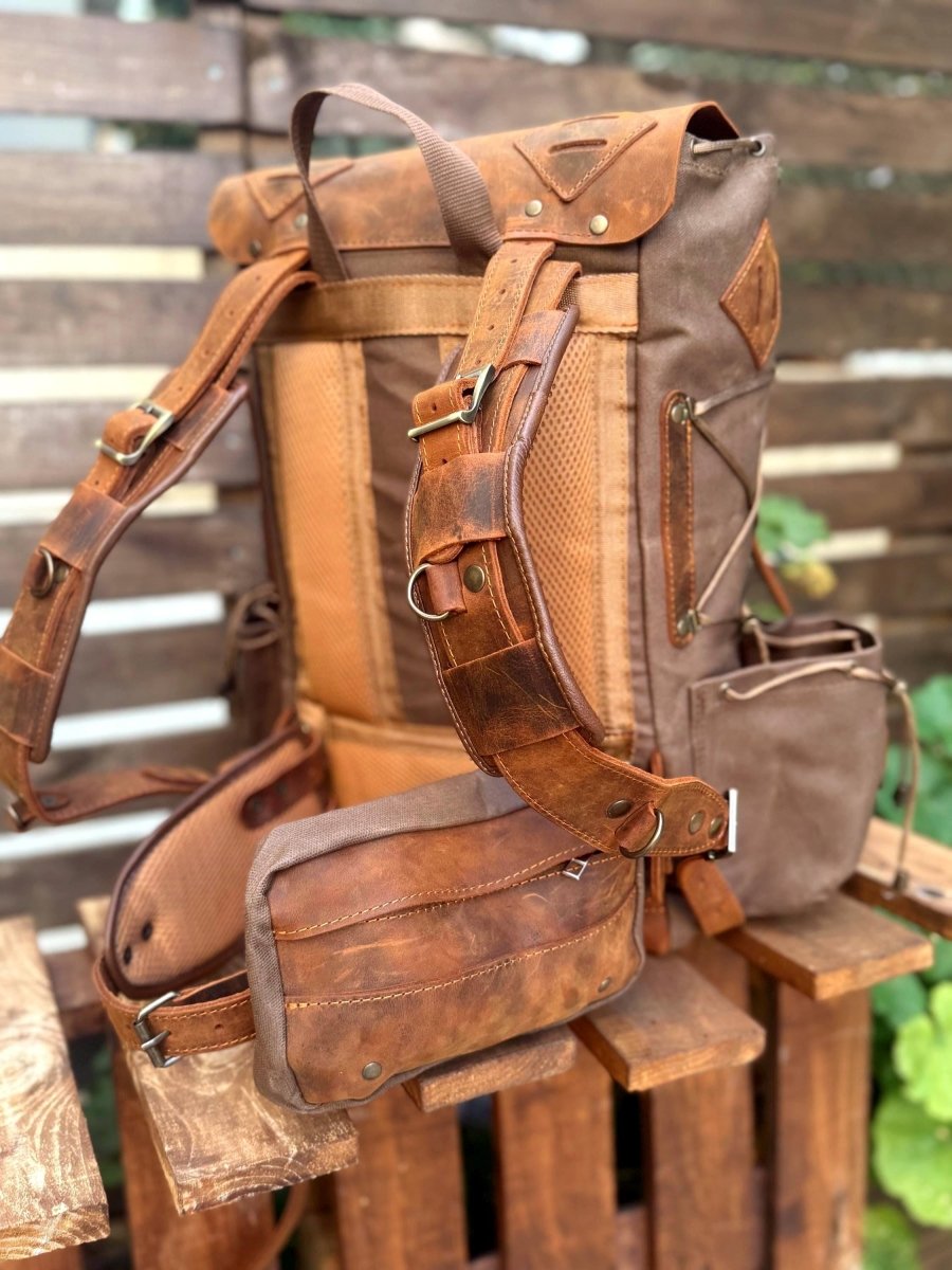 The Harmony of New and Old | 2026 Limited Edition | Handmade Leather - Canvas Backpack | Travel & Adventure Ready | 24 Hours Tested - 99percenthandmade - 99percenthandmade - 30 Liters - Green Canvas Flap - 