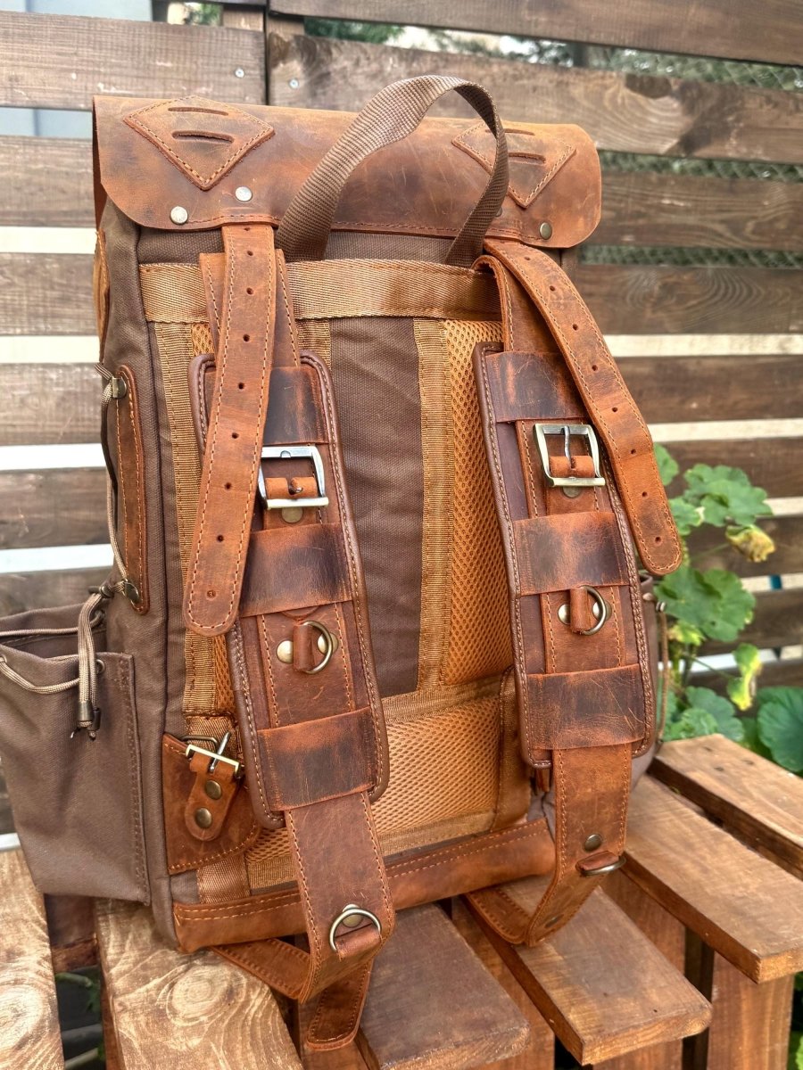 The Harmony of New and Old | 2026 Limited Edition | Handmade Leather - Canvas Backpack | Travel & Adventure Ready | 24 Hours Tested - 99percenthandmade - 99percenthandmade - 30 Liters - Green Canvas Flap - 