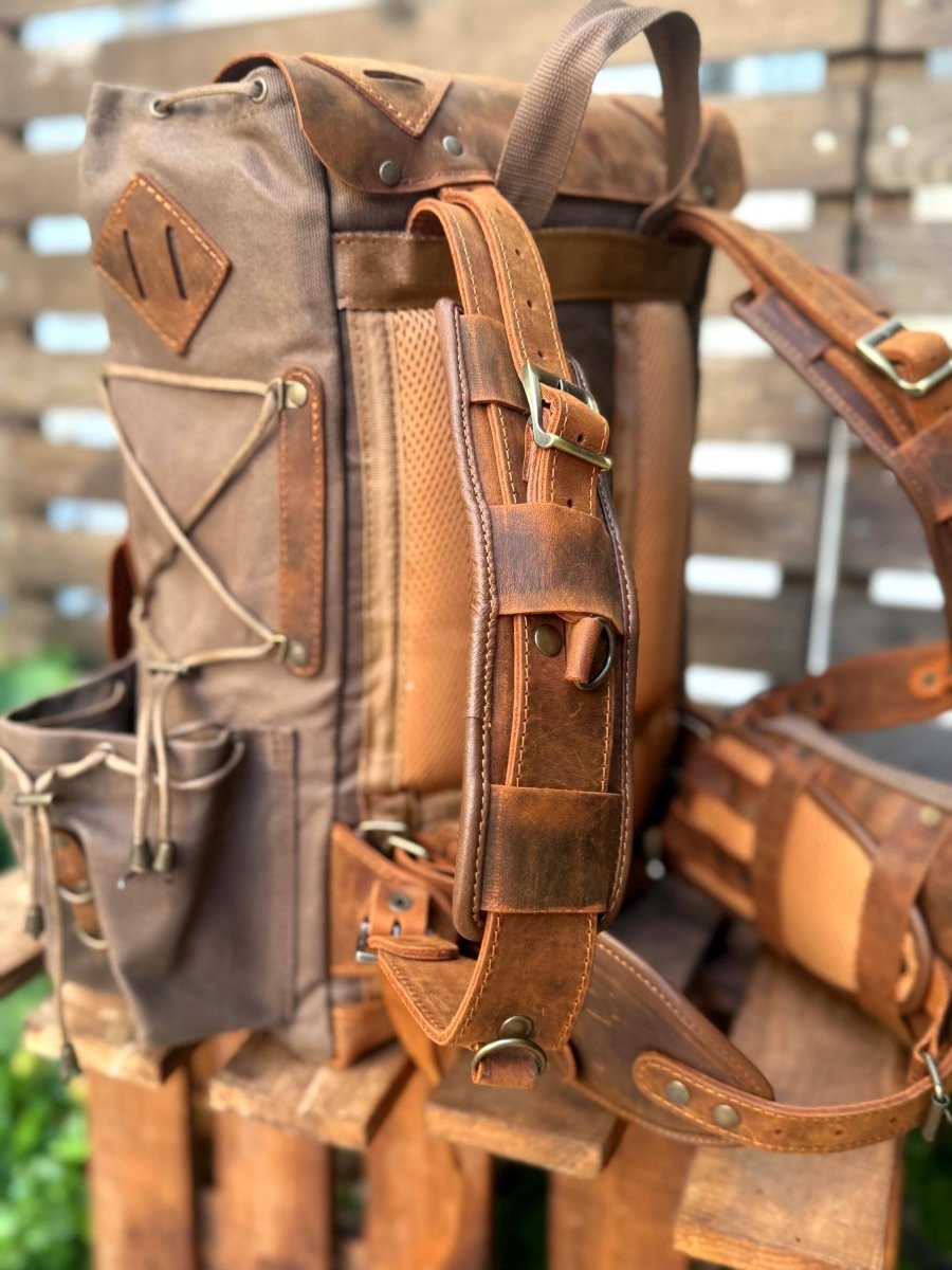 The Harmony of New and Old | 2026 Limited Edition | Handmade Leather - Canvas Backpack | Travel & Adventure Ready | 24 Hours Tested - 99percenthandmade - 99percenthandmade - 30 Liters - Green Canvas Flap - 