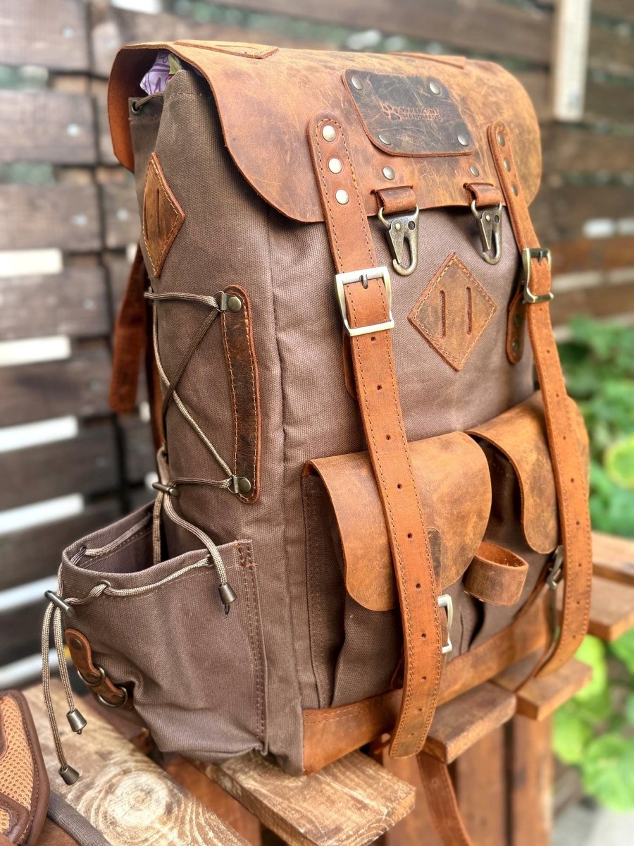 The Harmony of New and Old | 2026 Limited Edition | Handmade Leather - Canvas Backpack | Travel & Adventure Ready | 24 Hours Tested - 99percenthandmade - 99percenthandmade - 30 Liters - Green Canvas Flap - 