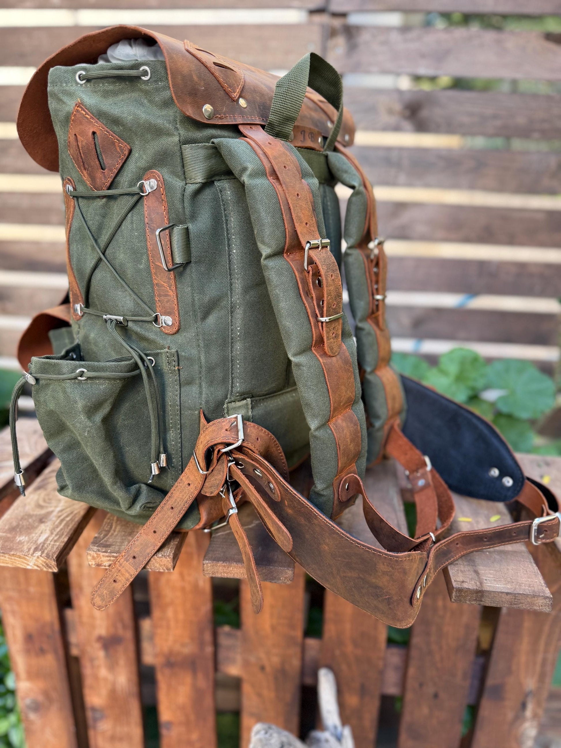 Extra large | New edition | Bushcraft Backpack with 80L to 30L Size Options, Handmade, Leather and Waxed Canvas