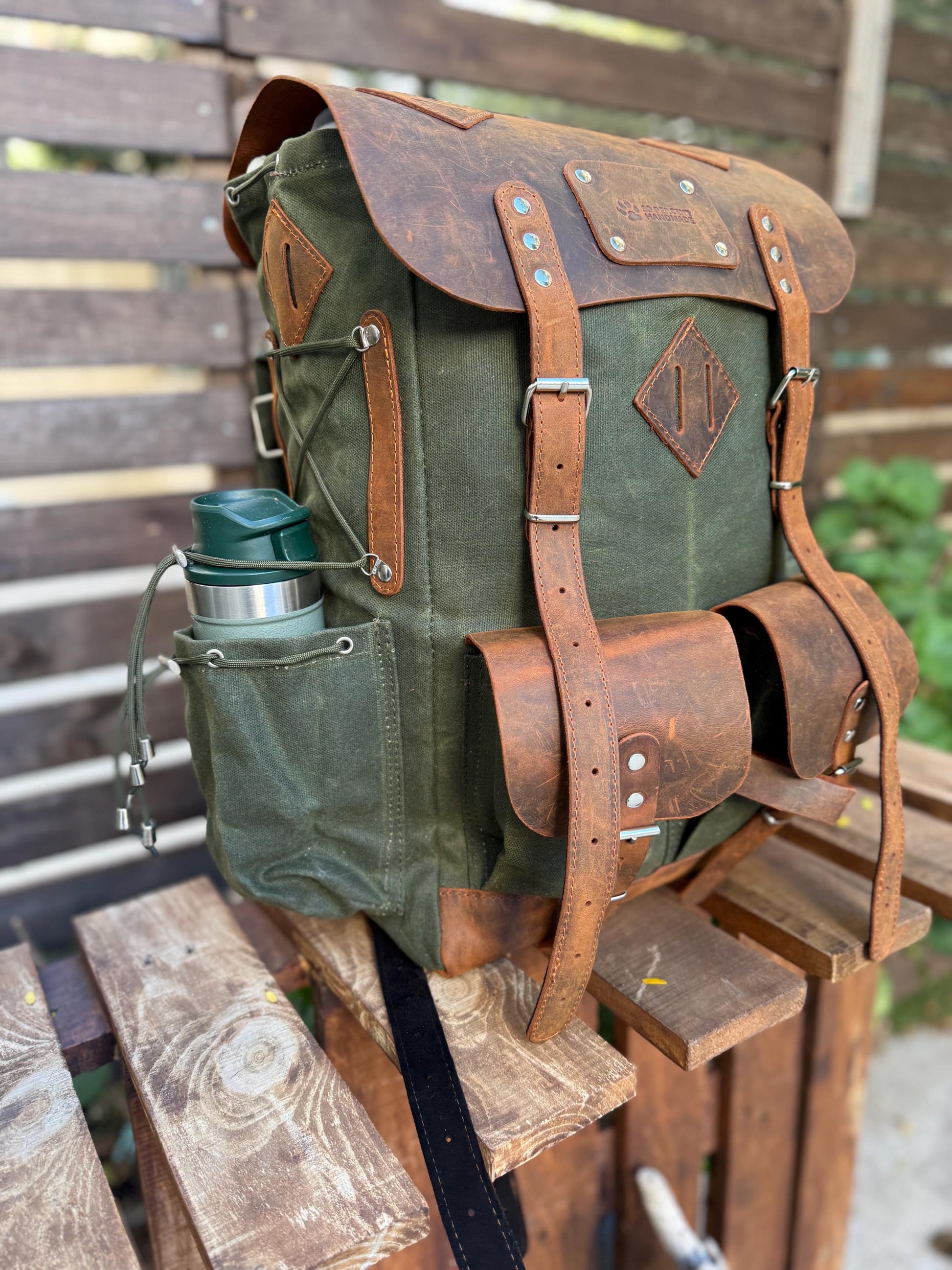 Extra large | New edition | Bushcraft Backpack with 80L to 30L Size Options, Handmade, Leather and Waxed Canvas