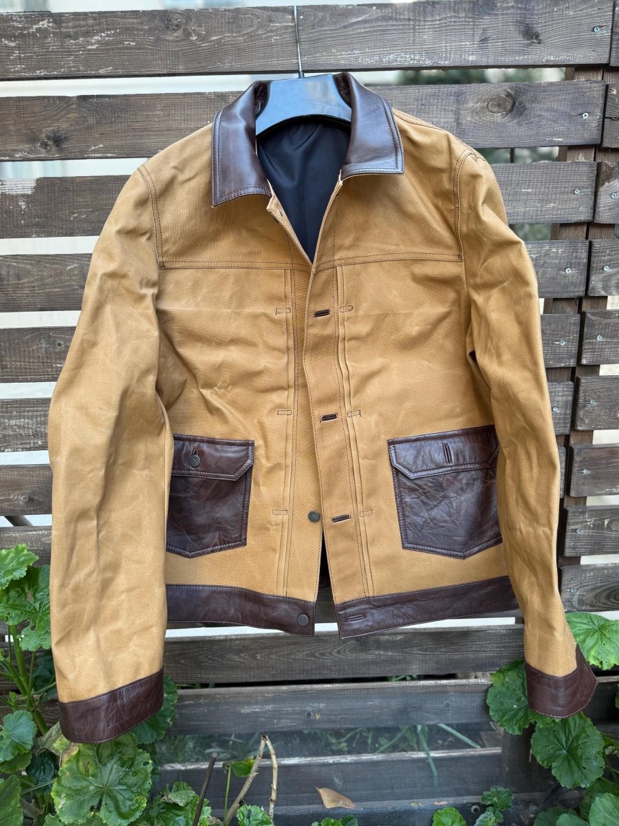Handmade Waxed Canvas Leather Jacket, Custom Fit, Light Brown Green Mustard 99percenthandmade XS Letter size Mustard