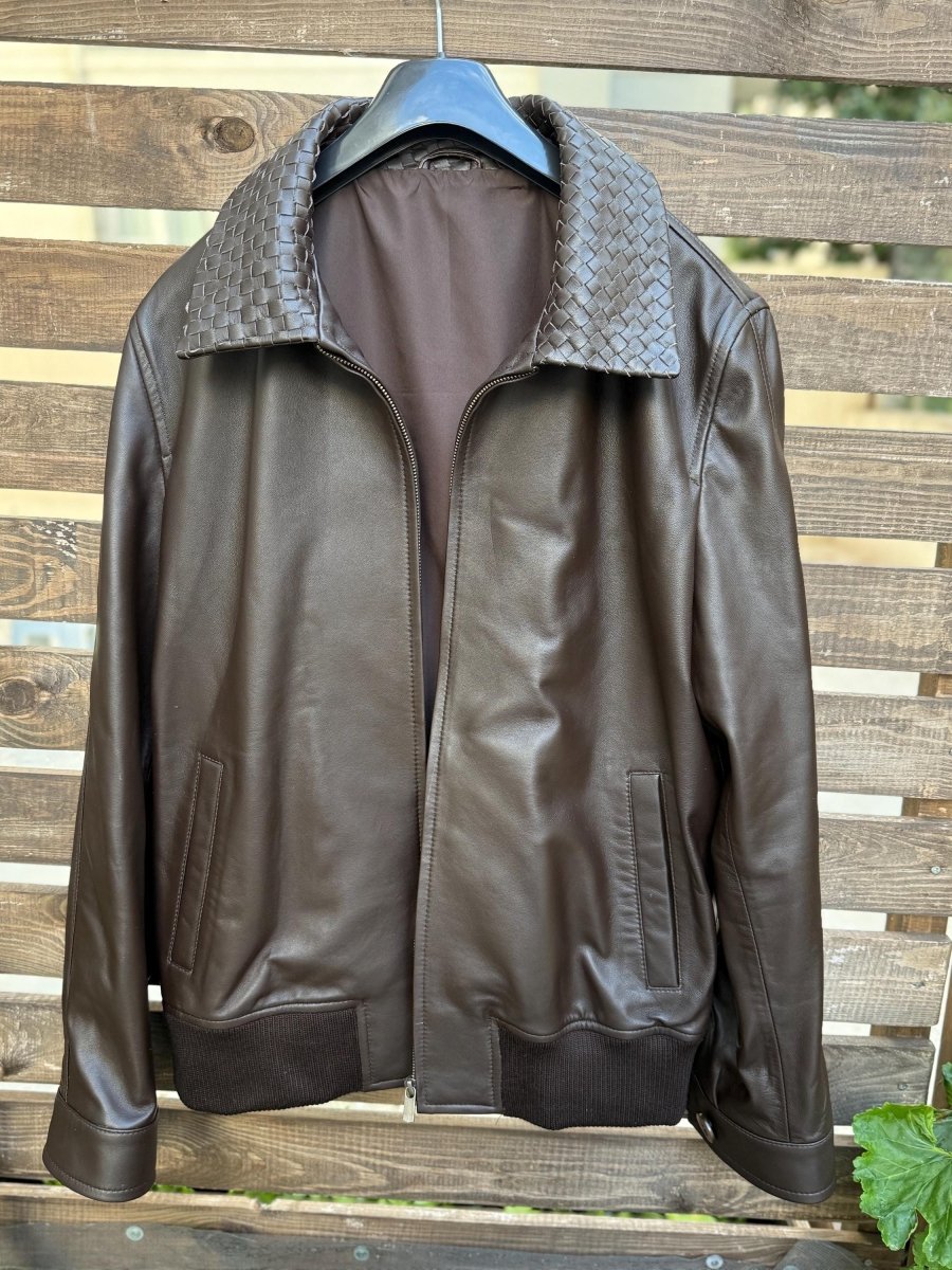 Intrecciato Handmade Leather Jacket – XS to 8XL – Any Color (Black, Brown, Blue, Green) – Personalized Bespoke Men’s Coat - 99percenthandmade - 99percenthandmade - Black - Collar intrecciato - 