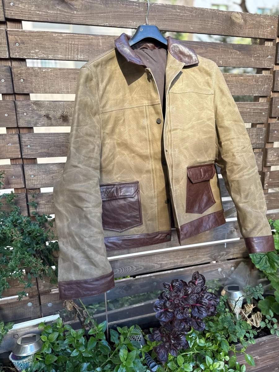New Color | Waxed Canvas And Leather Jacket | Tailored to Your Size | Brown | Green | Leather Jacket | Canvas Jacket | Gifts For Men - 99percenthandmade - 99percenthandmade - XS Letter size - Green - 