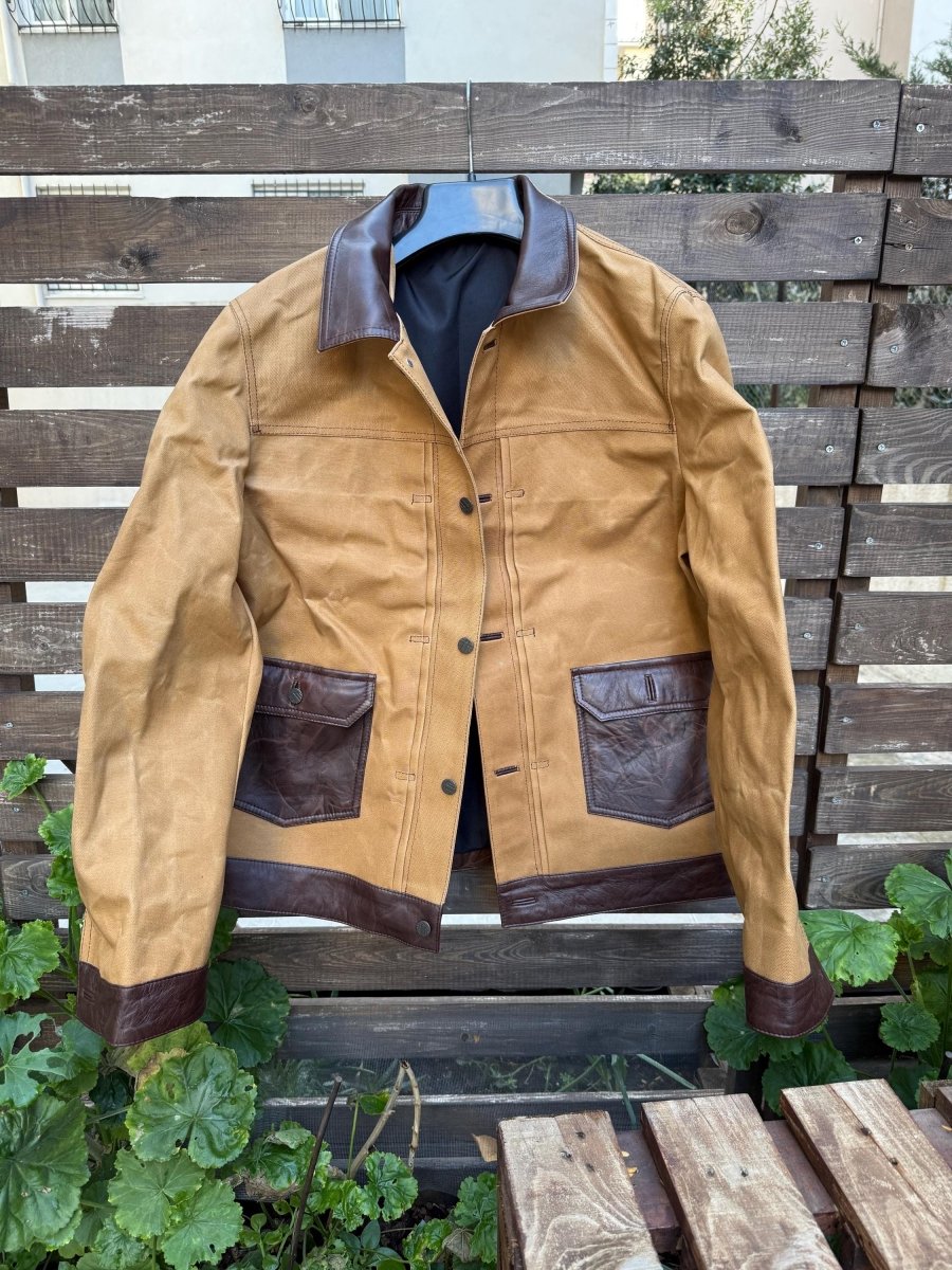 New Color | Waxed Canvas And Leather Jacket | Tailored to Your Size | Brown | Green | Leather Jacket | Canvas Jacket | Gifts For Men - 99percenthandmade - 99percenthandmade - XS Letter size - Mustard - 