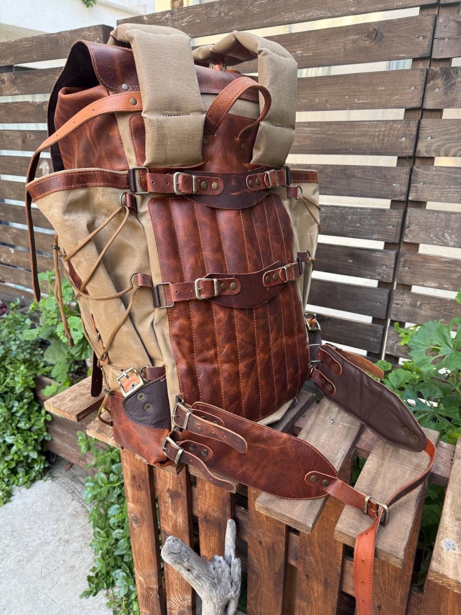 Leather Canvas Laptop Travel Backpack 45L, Handmade Carry On Business Outdoor Backpack 99percenthandmade
