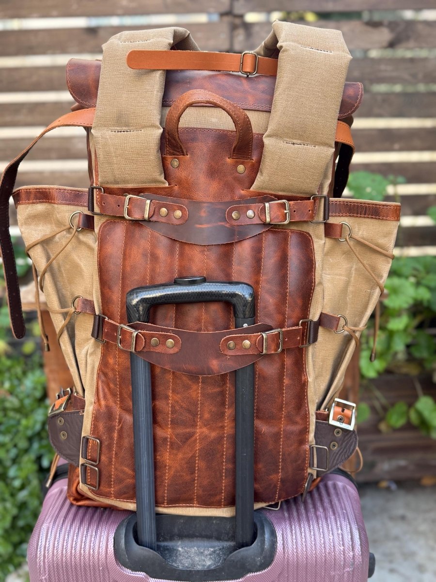 Leather Canvas Laptop Travel Backpack 45L, Handmade Carry On Business Outdoor Backpack 99percenthandmade