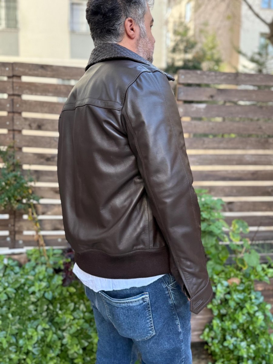 Intrecciato Handmade Leather Jacket – XS to 8XL – Any Color (Black, Brown, Blue, Green) – Personalized Bespoke Men’s Coat - 99percenthandmade - 99percenthandmade - Black - Collar intrecciato - 