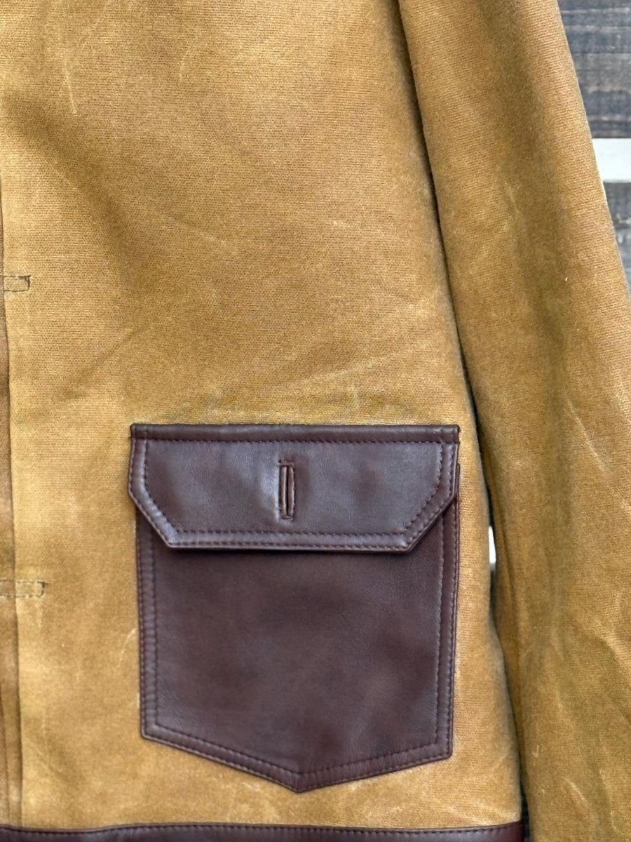 black leather jacket green backpack Handmade Waxed Canvas Leather Jacket, Biker Style, Tailored Fit, Brown Black Green