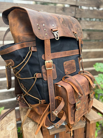 Leather Canvas Laptop Travel Backpack 45L, Handmade Carry On Business Outdoor Backpack 99percenthandmade
