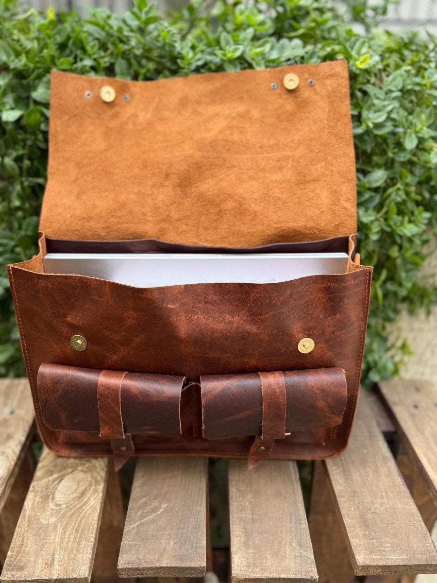 Handmade Leather Laptop Bag – Vintage Messenger Briefcase with Shoulder Strap, Fits 15-16 Inch 99percenthandmade