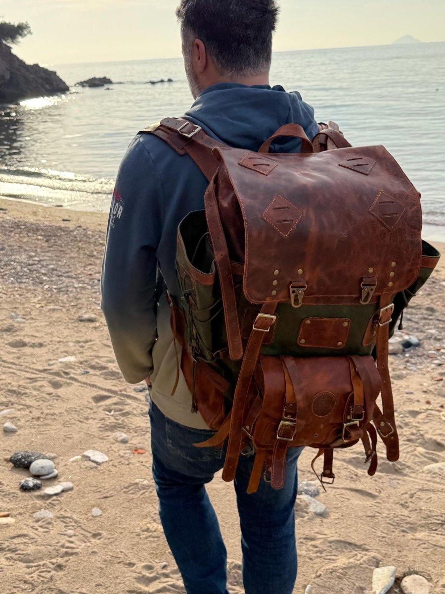Leather Canvas Laptop Travel Backpack 45L, Handmade Carry On Business Outdoor Backpack 99percenthandmade