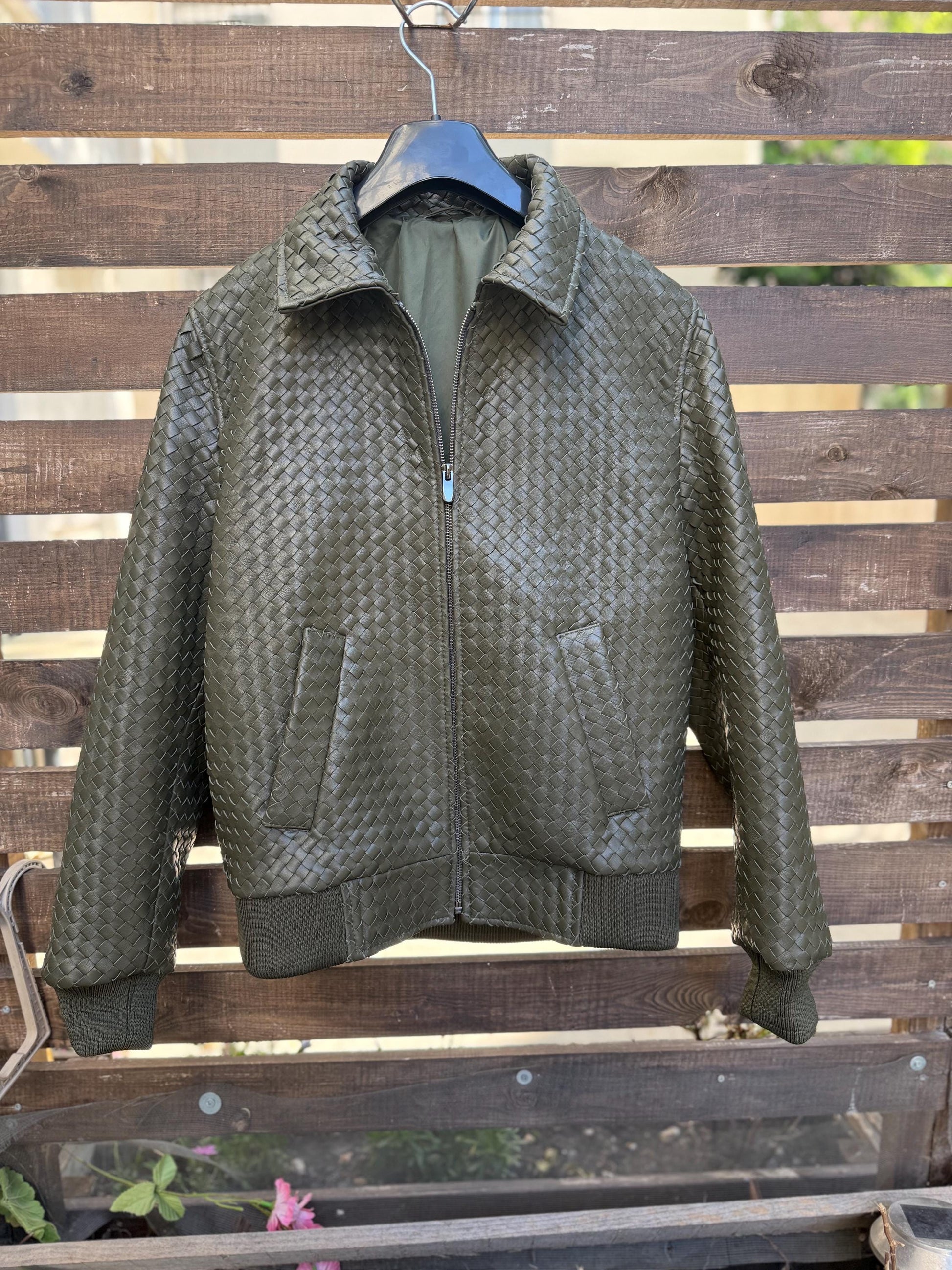 Intrecciato Custom Leather Jacket – XS to 8XL – Any Color (Black, Brown, Blue, Green) – Personalized Bespoke Men’s Coat