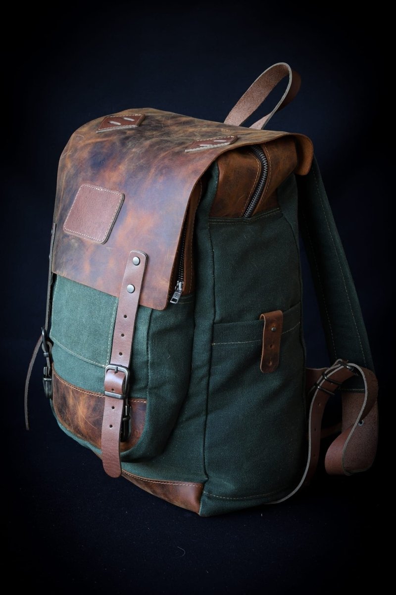 double buckle leather backpack Handmade Leather Laptop + Travel Backpack | Dual Compartment