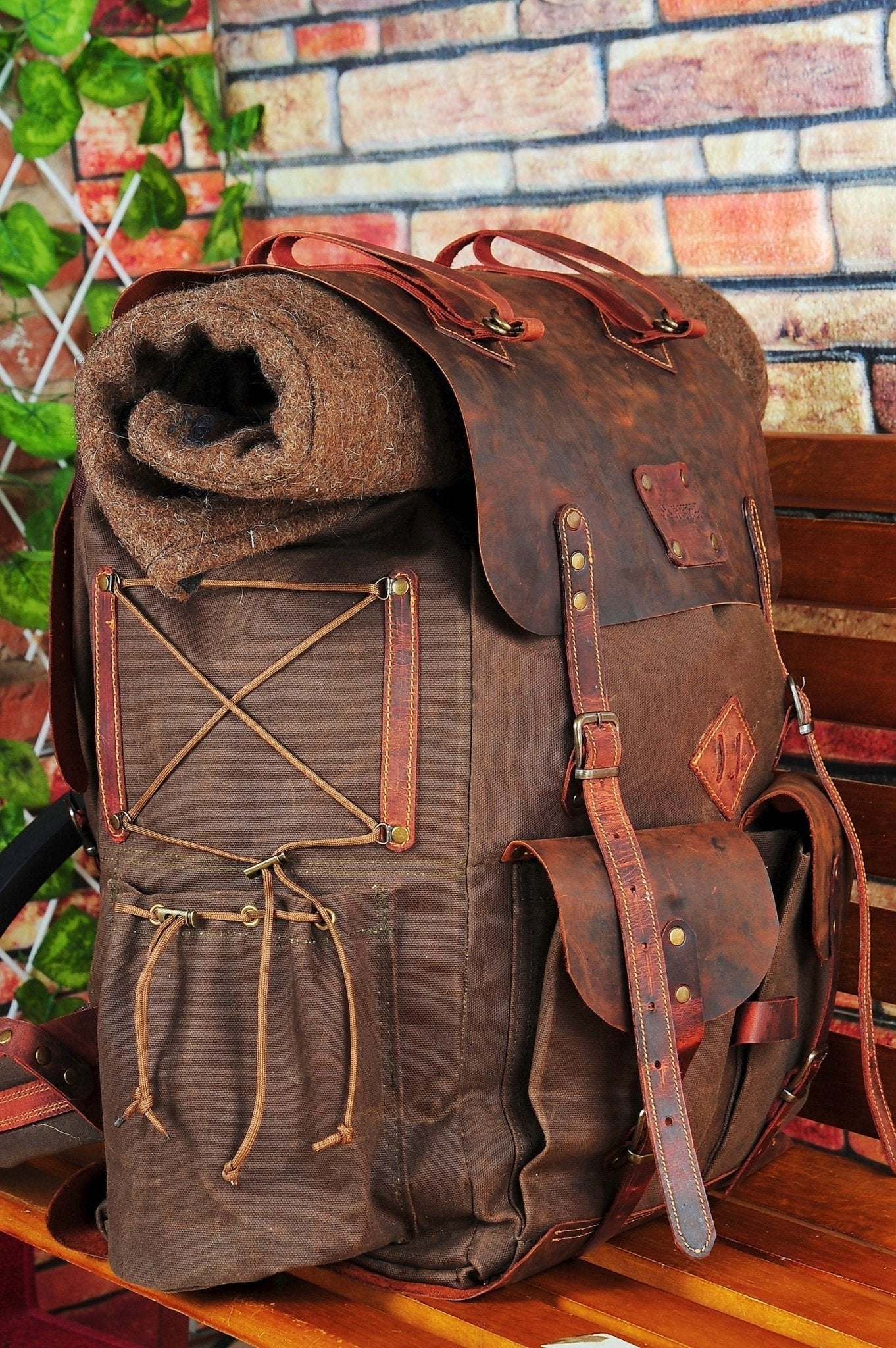 Limited Bestseller Custom Genuine Green Waxed Canvas with Leather Details Backpack for Travel, Camping | 60 Liters | Personalization  99percenthandmade   