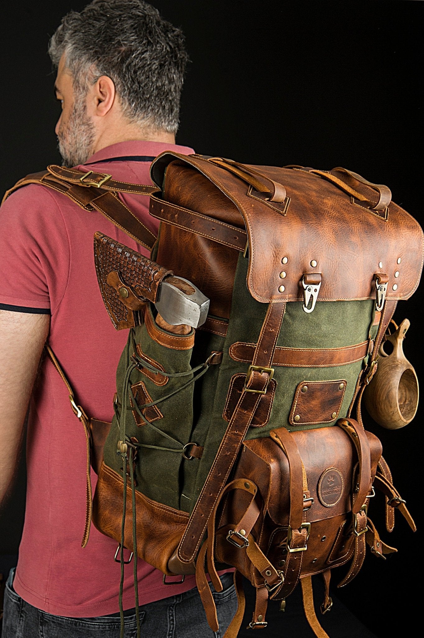 cool military leather backpacks HuaChen Vintage Heavy Duty Canvas Backpack with Trims,Military Rucksack for Travel, Hiking,School, College Bookbag Daypack round use LOEWE - Military Backpack In