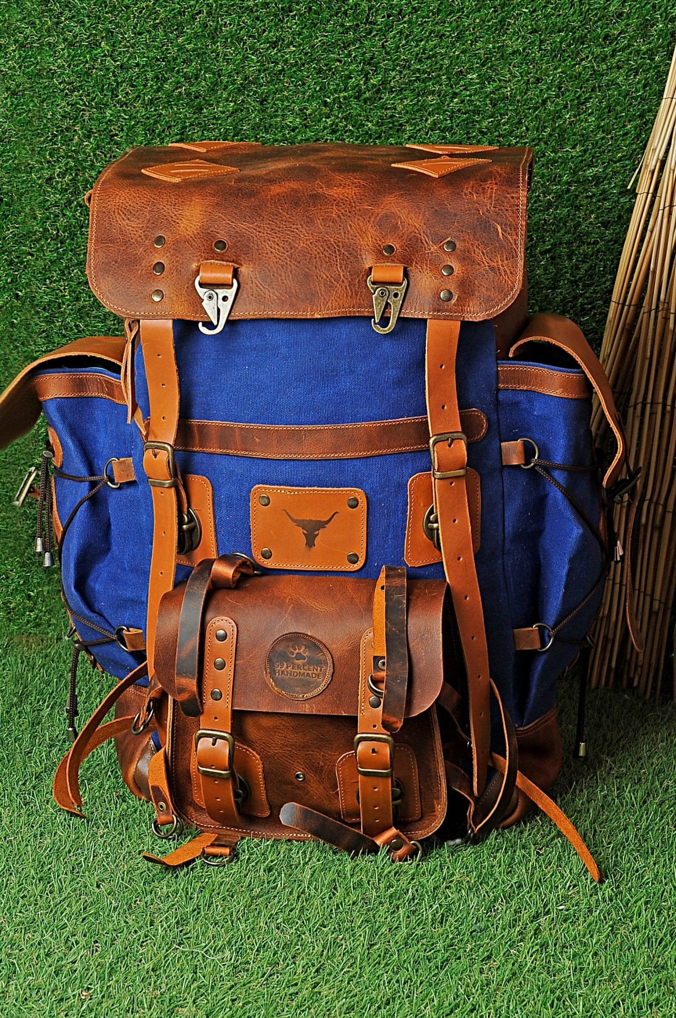 anchor print canvas backpack with faux leather trim New | Handmade Waxed Canvas Backpack | 35L-45L | Leather Backpack