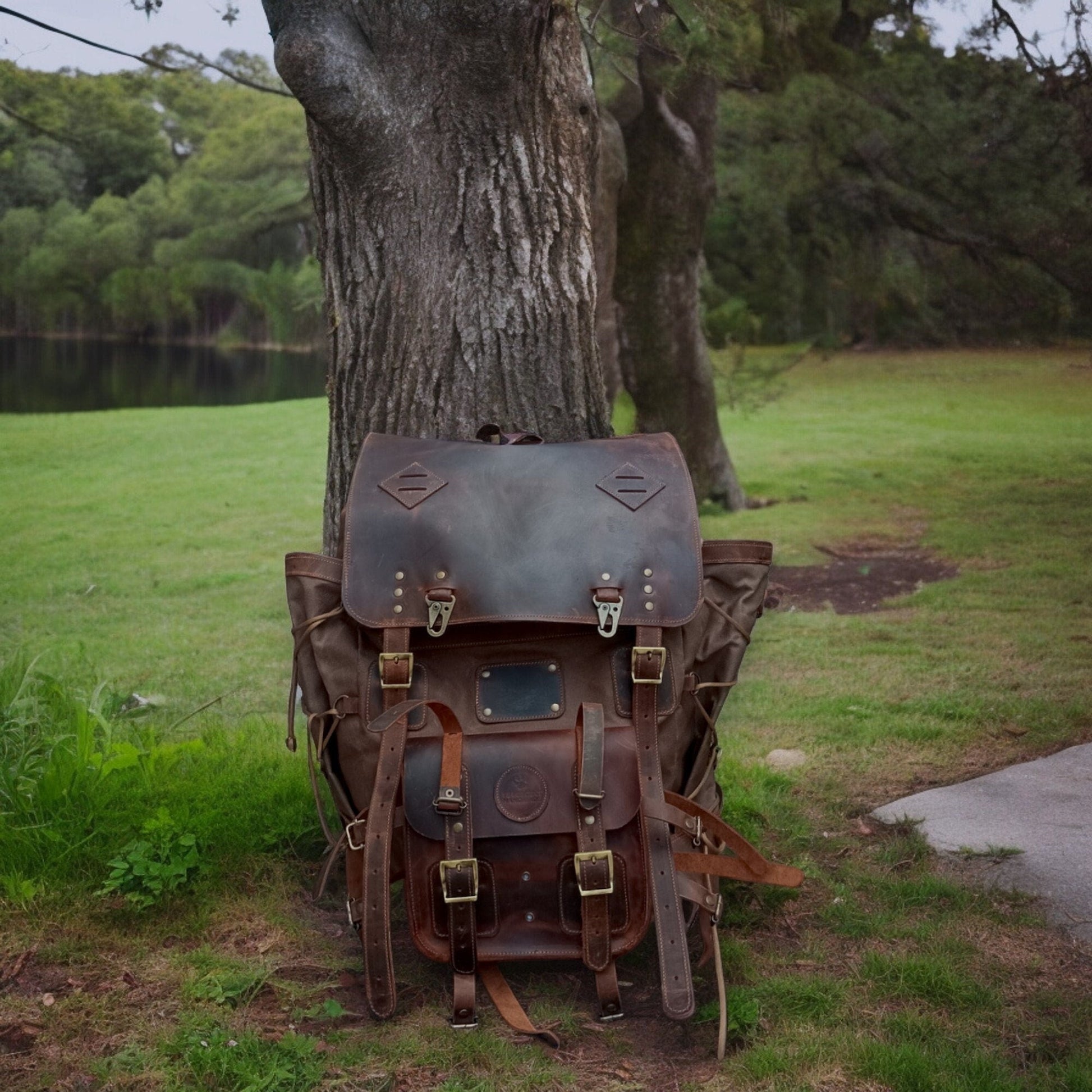 New | Handmade Waxed Canvas Backpack | 35L-45L | Leather Backpack | Daily Use | Bushcraft, Travel, Camping, Hunting, Fishing, Sports bag  99percenthandmade   