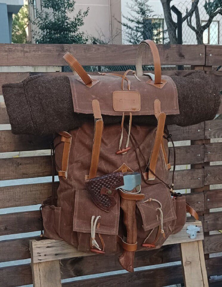 New Model | Velcro Connectors | Handmade Primitive Camping Bushcraft Backpack | No Metals | 80L to 30L Options | Leather | Canvas Backpack  99percenthandmade   