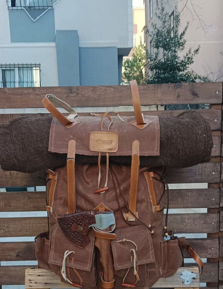 New Model | Velcro Connectors | Handmade Primitive Camping Bushcraft Backpack | No Metals | 80L to 30L Options | Leather | Canvas Backpack  99percenthandmade   