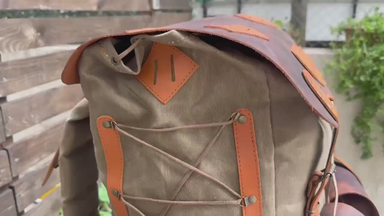 Camping Backpack | Hiking Backpack | Bushcraft Backpack | 30L to 80L | Green-Brown-Black-White | Leather and Canvas | Custom backpack | Gift 99percenthandmade