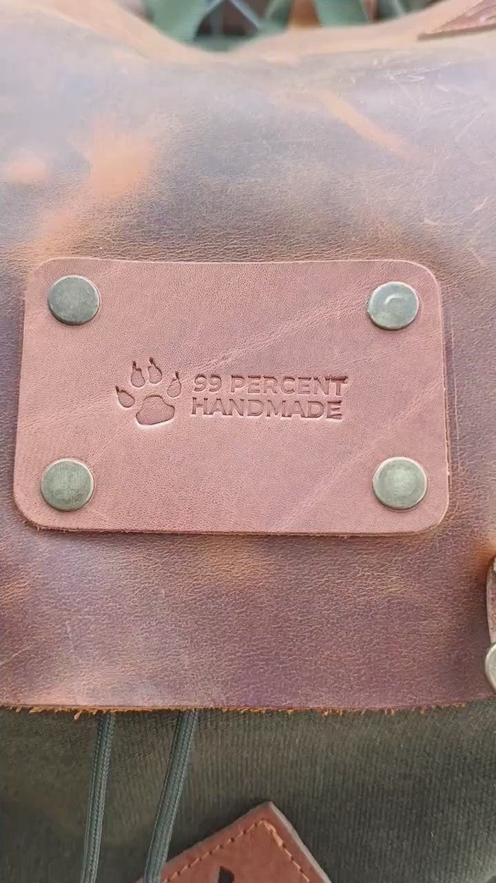 Handmade Bushcraft Waxed Canvas Backpack with Black-Brown-Green and 30 to 80 Liter Options, Front Pocket with Zipper, Bushcraft, Camping, 99percenthandmade