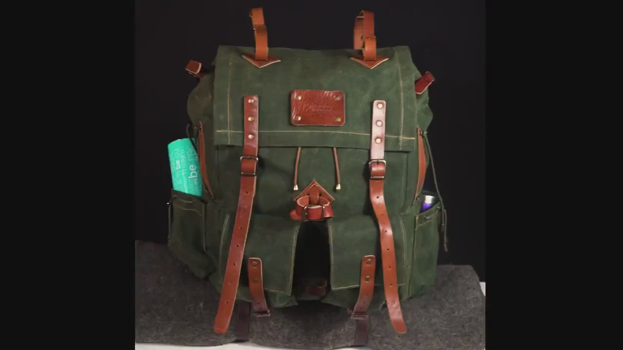 30 to 80 Liter Camping Backpack Handmade Leather and Waxed Canvas, Colors: Brown, Green, Black unlimited personalization