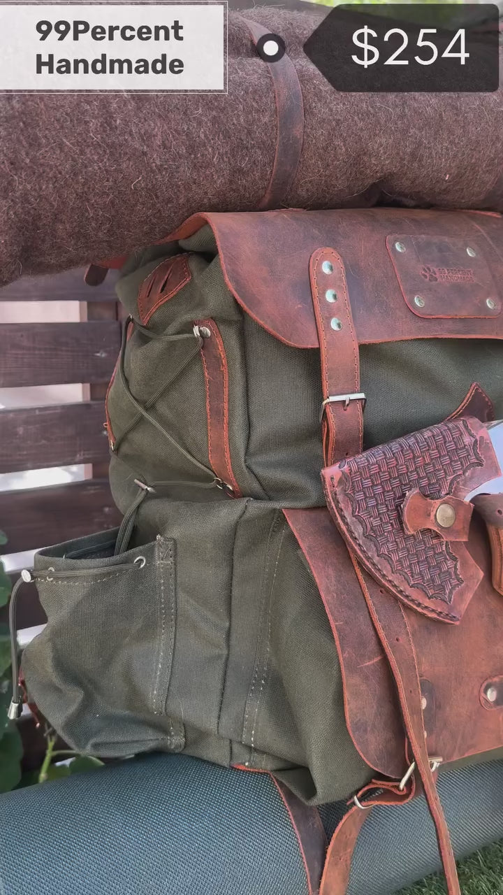 30L to 80L | Bushcraft Backpack | Leather and Waxed Canvas Backpack | Hiking Backpack | Extra large | Bushcraft | 99percenthandmade