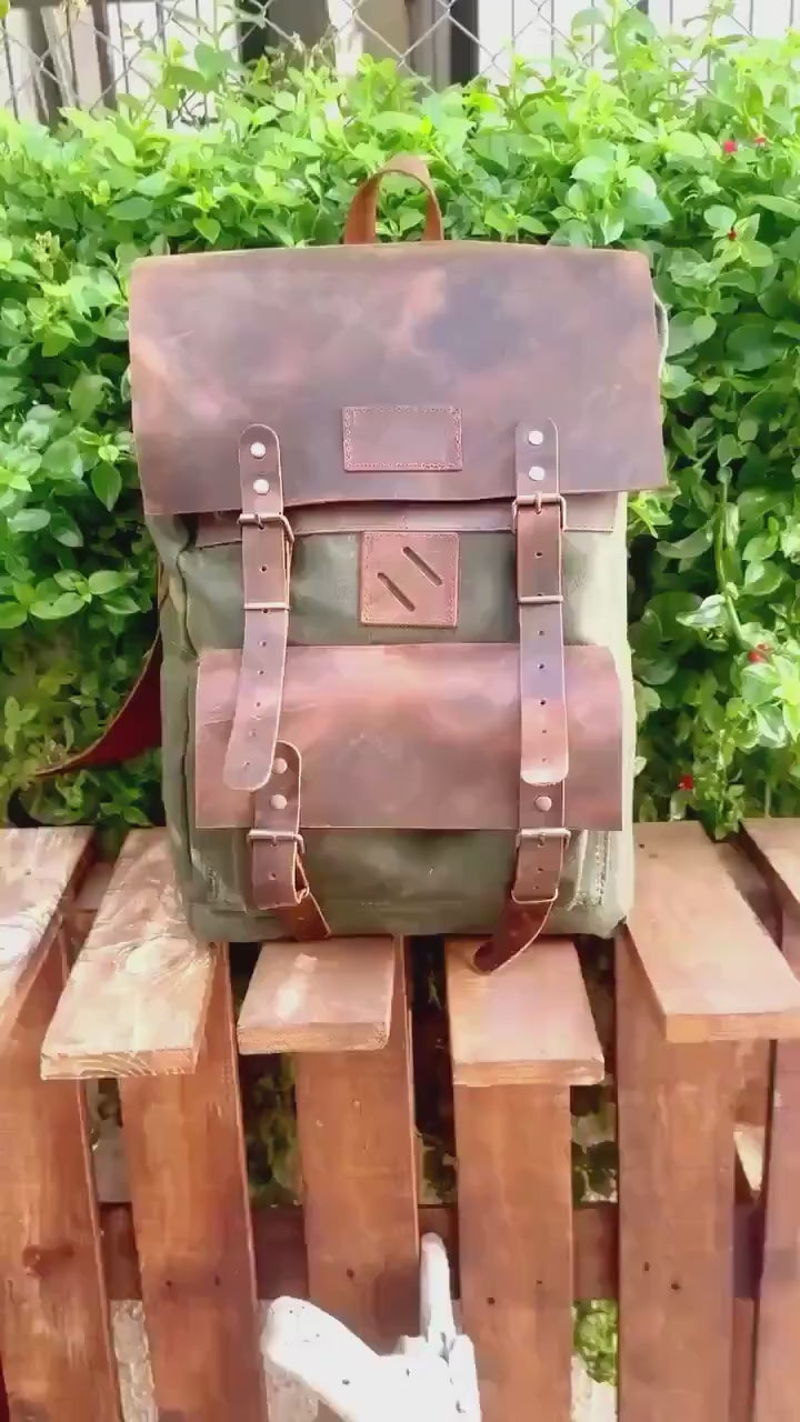 Leather - Canvas Daypack, Brown,Tan,Black, Blue Color, 15L - 25L options. Laptop pocket premimum leather, Citypack, Daily use 99percenthandmade
