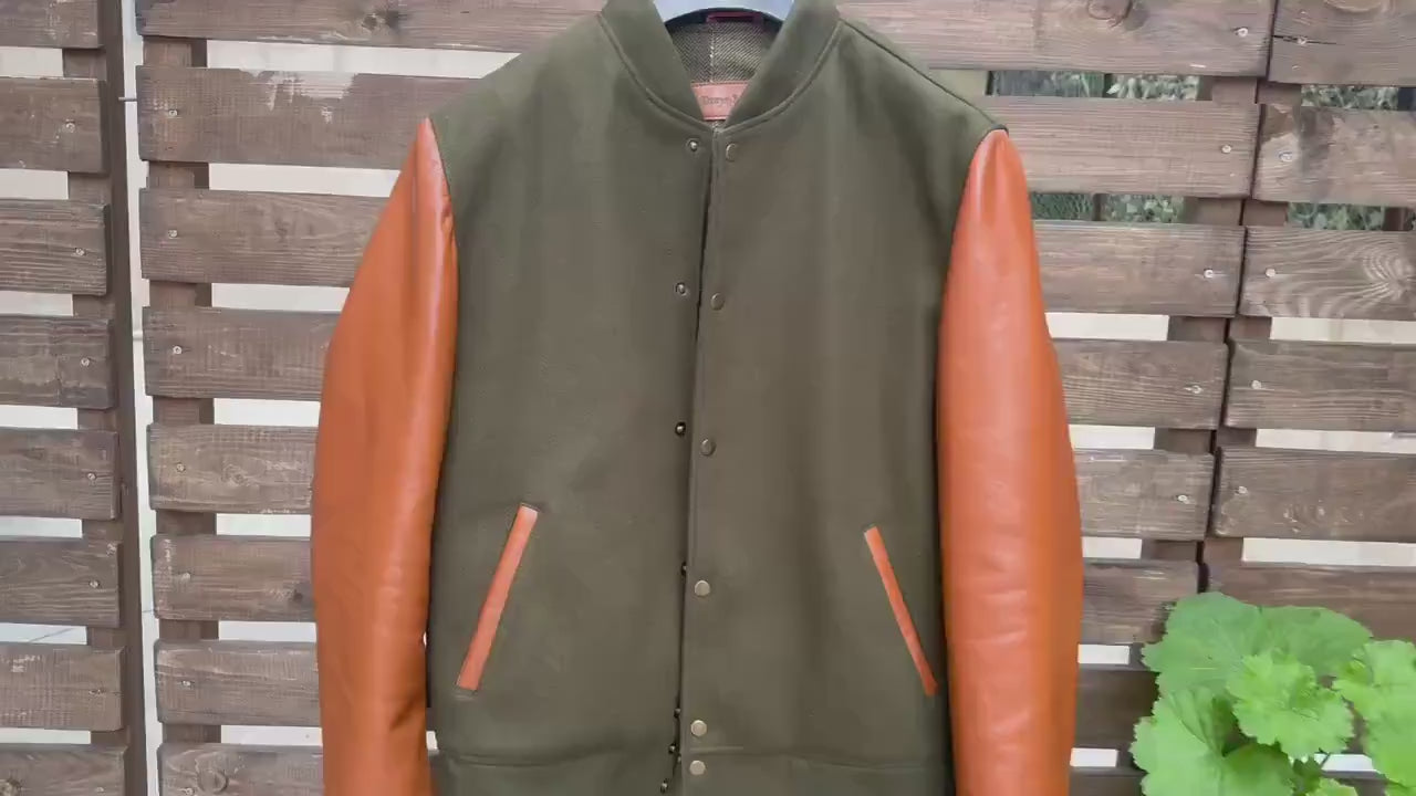 Handmade Varsity Wool - Leather Jacket, Olive Green - Tan Brown 99percenthandmade