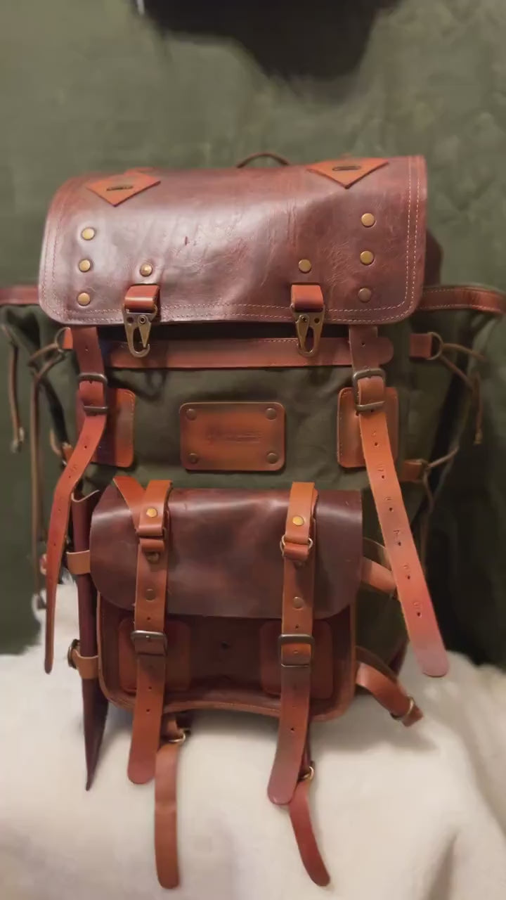 Hiking Backpack | Camping Backpack | 25L-35L-45L | Brown-Green | Canvas and Leather backpack 99percenthandmade