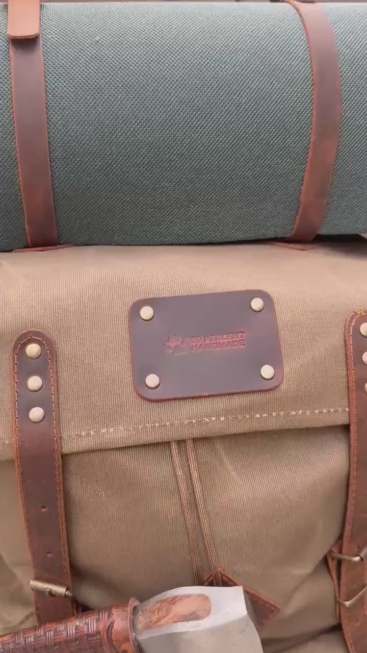 Limited | Green-Brown-Black-White | Waxed Canvas Backpack | 50 L | Personalize Backpack | Camping Backpack | Best gift for | Gift for Him 99percenthandmade