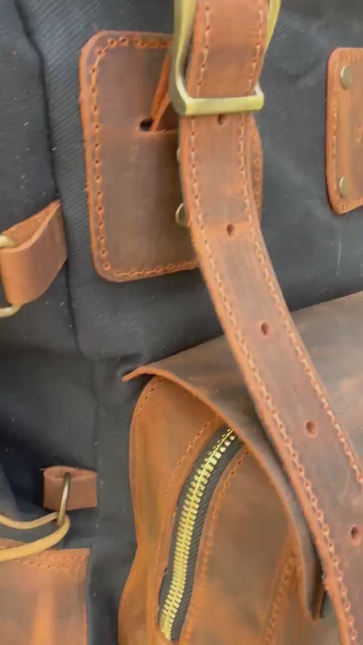 Prestige Series | Handmade Waxed Canvas Backpack | 35L-45L | Leather Backpack | Daily Use | Travel backpack
