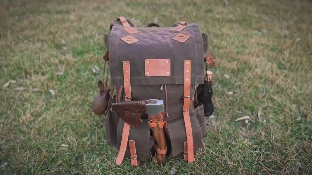 50L | 3 Pieces Left | Green, Brown, Dhaki Colours | Handmade Leather, Waxed Canvas Backpack for Travel, Camping, Bushcraft | Personalization 99percenthandmade