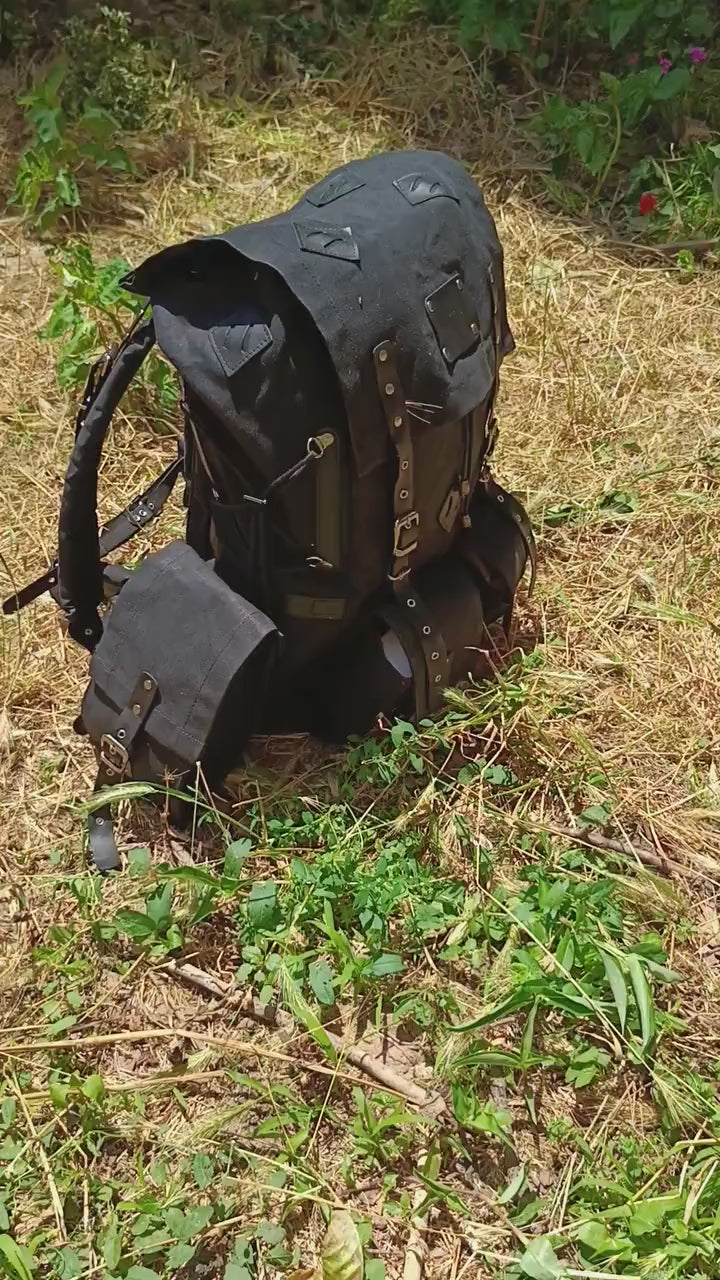 Black Waxed Canvas Backpack with Detachable pouches for hiking bushcraft camping